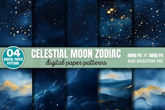 Download Celestial Moon Zodiac Digital Paper Back - Zodiac digital paper Collection
