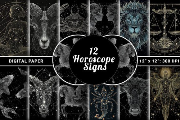Download 12 Horoscope Signs Zodiac Digital Paper - Zodiac digital paper Collection