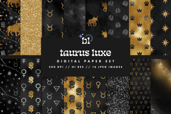 Download Black &amp; Gold Taurus Zodiac Digital Paper - Zodiac digital paper Collection