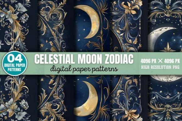Download Celestial Moon Zodiac Digital Paper Back - Zodiac digital paper Collection