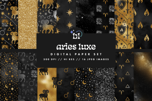 Download Black &amp; Gold Aries Zodiac Digital Paper - Zodiac digital paper Collection